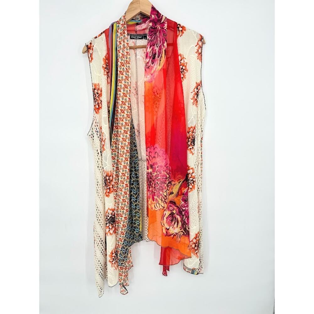 Dor Dor Couture Women Duster Kimono Top XL Patchwork Floral Boho Sleeveless